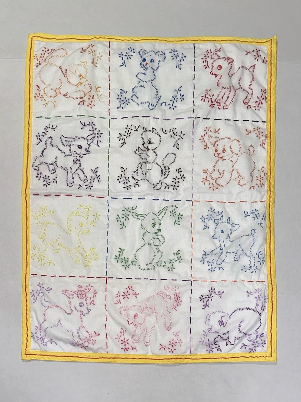 Hand Embroidered Animal Needlework Baby Blanket Lap Quilt Nursery Decor